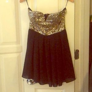 Strapless gold sequin & black mini dress